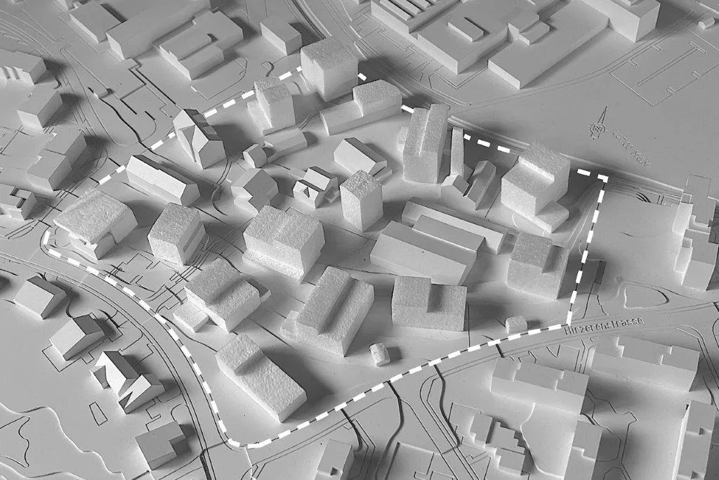 So sah das Modell im ersten Gestaltungsplan aus. Modell einer Überbauung.